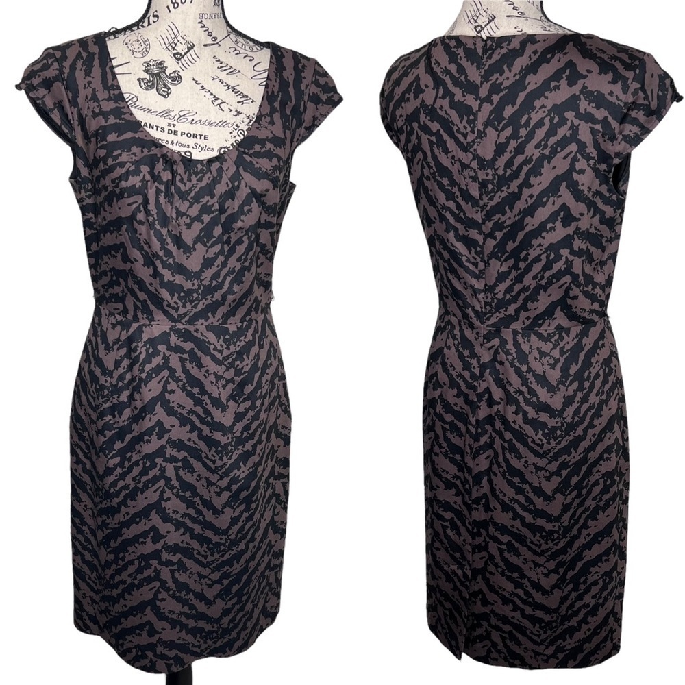 Adrianna Papell Black Brown Animal Print Scoop Neck Cap Sleeve Sheath Dress 8